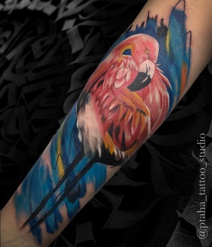 цветная тату фламинго предплечье